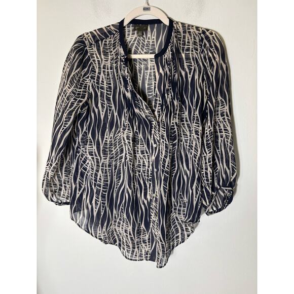 Fei Tops - Fei Navy And Cream Sheer V Neck 3/4 Sleeve Pullover Blouse sz 6